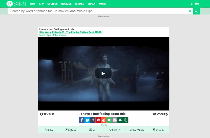 A Yarn clip page with the Make Meme button in the action row beneath the video